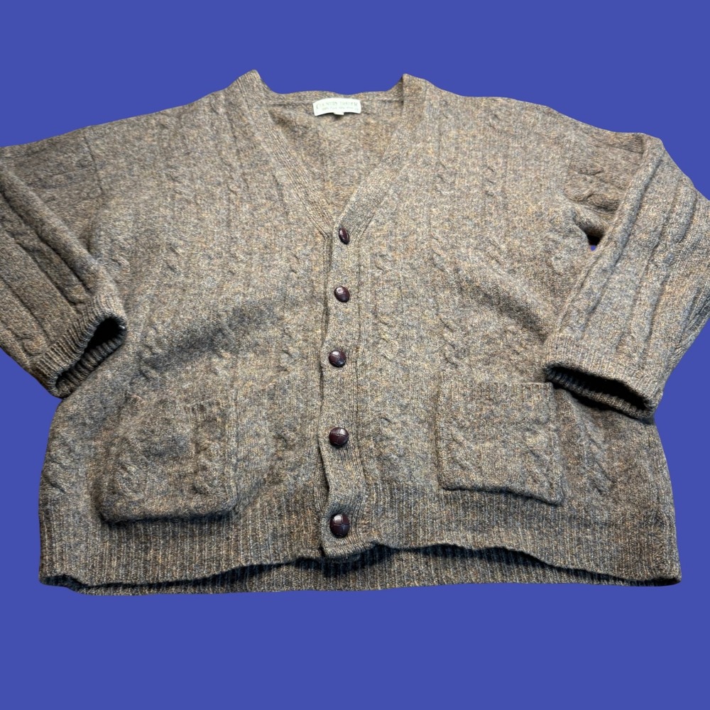 Country Trader Wool Cardigan Sweater XL Brown Cable Knit 100% Pure New Wool